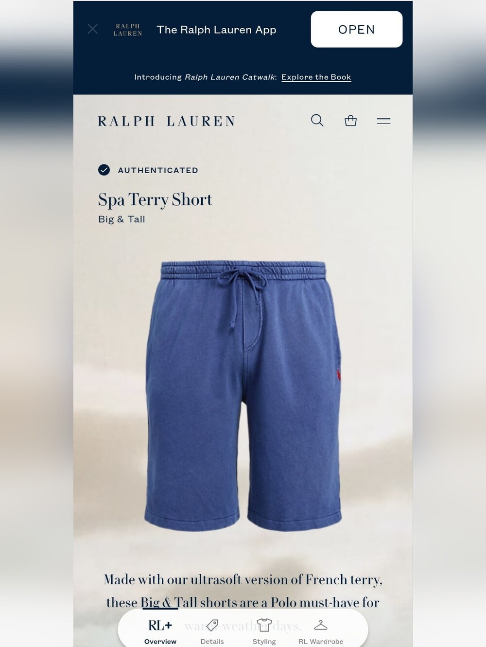 Polo Ralph Lauren Big And Tall Mens Spa Terry shorts pony logo Size 3XLT Blue - Picture 5 of 6